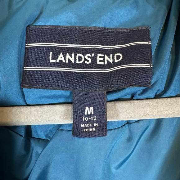 Lands End Down Puffer Coat Women's M 10-12 Blue Faux Fur Hood Quilted Long Parka - Picture 3 of 10